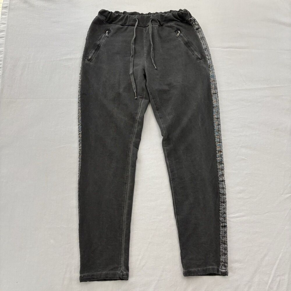Vintage Washed Black Jogger Pants Made in Italy Size L Zip Pockets Side Stripe